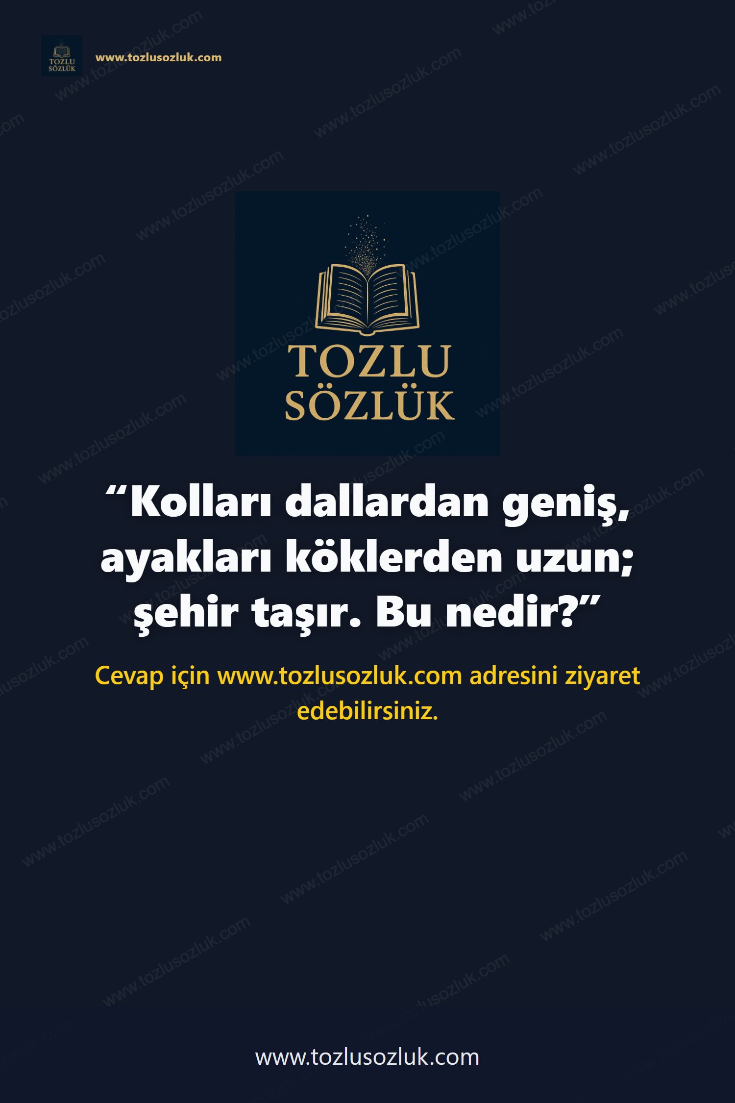 Kolları dallardan geniş, ayakları köklerden uzun; şehir taşır. Bu nedir? Pinterest görseli